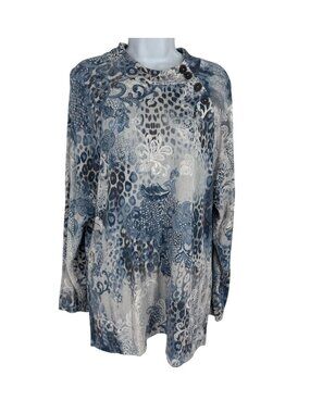 Chico's Animal Print Button Accent Mock Neck Long Sleeve Top Womens Size 3 US XL